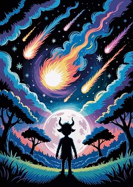 Fantasy Landscape with Horned Figure and Meteors
