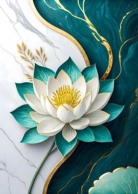 Luxury Lotus Flower Gold and Teal Marble Background Art Painting