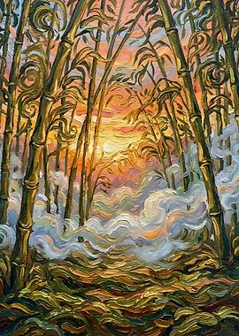 Bamboo Forest Sunset Painting