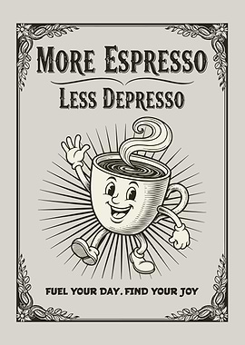 More Espresso Less Depresso Vintage Coffee Poster - Retro Cartoon Wall Art