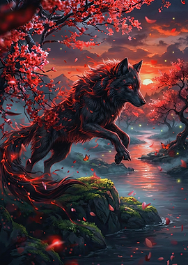 Wolf Leaping in Cherry Blossom Landscape