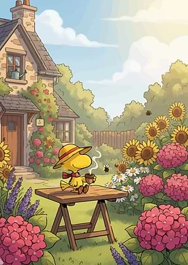 Woodstock enjoying coffee in the garden