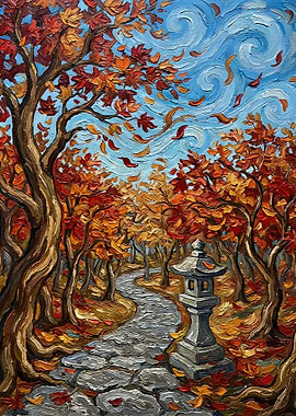 Autumn Path with Stone Lantern Painting