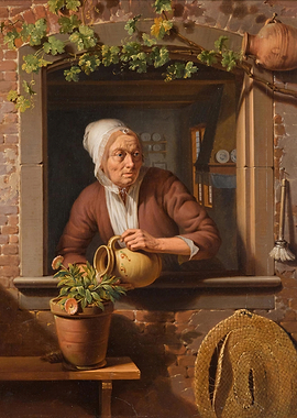 Old Woman Watering Flowers Painting