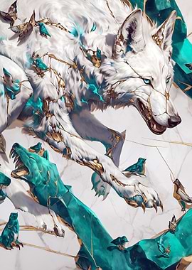 White Wolf with Birds and Emerald Accents