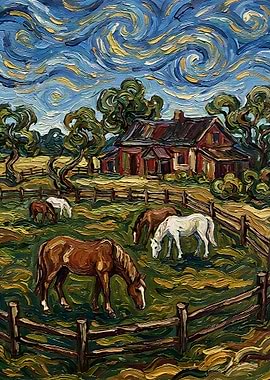 Horses Grazing Near Farmhouse Painting