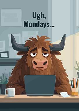 Ugh, Mondays: Cartoon Bull at Desk
