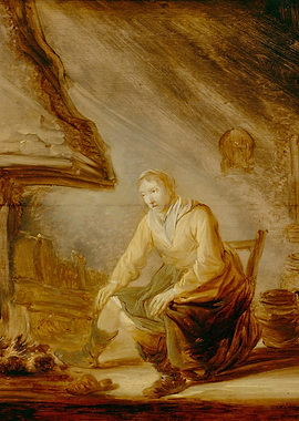 Woman Seated by Fireplace Painting