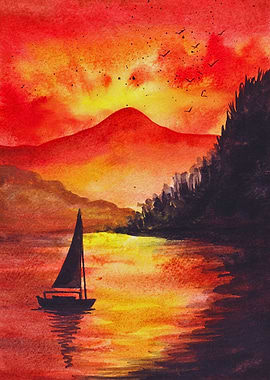 Watercolor Sunset with Sailboat and Mountain