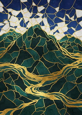 Abstract Mountain Landscape with Golden Lines