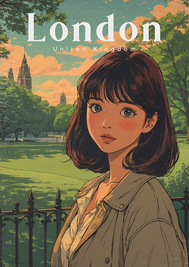 Anime Girl Walking Through Hyde Park Paths in Pastel Style