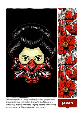 Geisha with Hannya Mask and Flowers