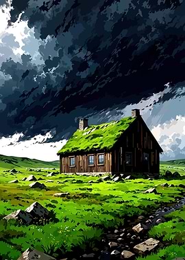 Cabin with Green Roof Under Stormy Sky