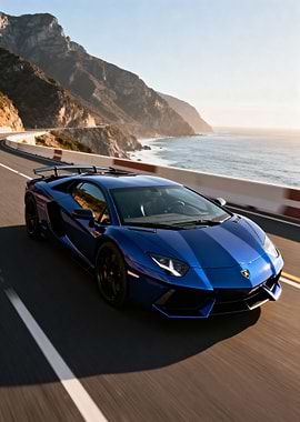 Blue Lamborghini Aventador on Coastal Road