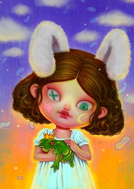 Girl with Bunny Ears and Frog