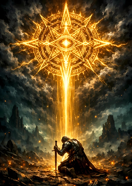 Knight kneeling under celestial light