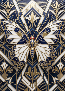 Art Deco Butterfly in Blue and Gold Geometry