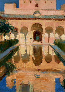 Moorish Courtyard Painting with Water Reflection