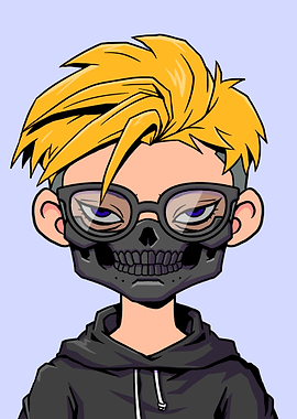 Cartoon character with skull mask and glasses