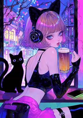 Cyberpunk Neko Girl Drinking Beer with Black Cat