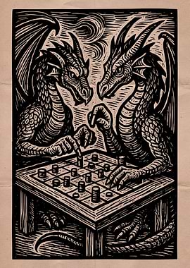Dragons Playing Checkers Woodcut Art
