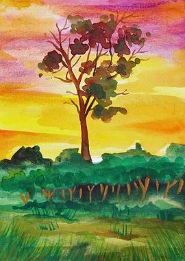 Watercolor Tree Landscape at Sunset