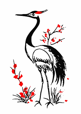 Elegant Crane with Red Floral Accents