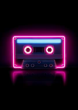 Neon Cassette Tape on Black Background