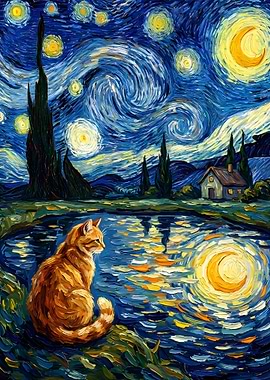 Cat gazing at Starry Night reflection