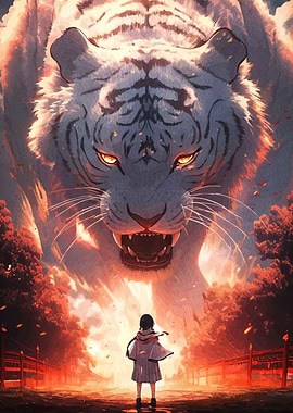 Girl facing giant white tiger