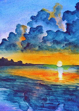 Watercolor Sunset Over Water