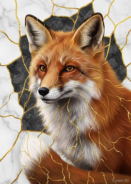 Fox Portrait with Kintsugi Style Cracks