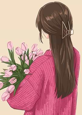 Girl with Tulips in Pink Sweater