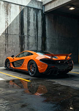 Orange McLaren P1 parked indoors