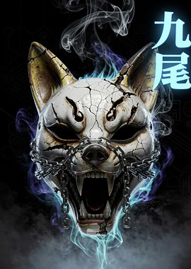 Cracked Kitsune Mask with Chains