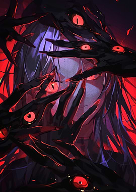 Eerie Figure Surrounded by Eyed Hands