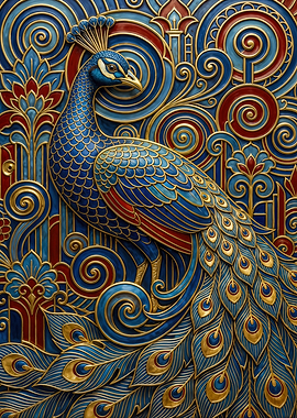 Art Nouveau Peacock in Blue, Red, and Gold