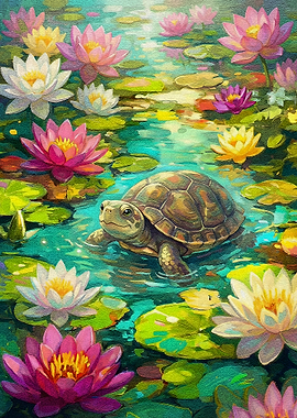 Turtle in a Lily Pond Painting