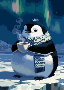 Penguin with Coffee under Aurora Borealis Art