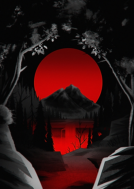Red Moon Over Dark Mountain Landscape