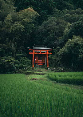 Japanese Shrine in Lush Greenery