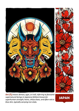 Japanese Oni Mask and Floral Design