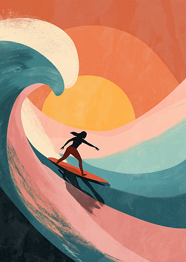 Surfer Riding Wave at Sunset