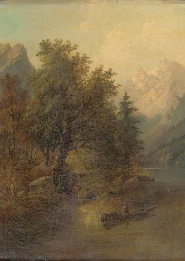 Mountain Lake Landscape Painting with Boat