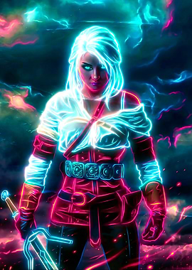 Neon Witcher Woman with Sword