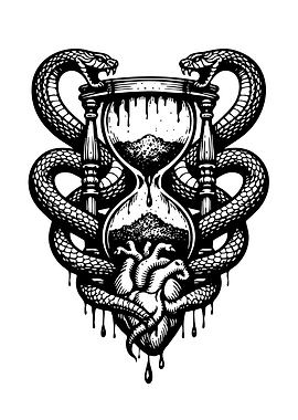 Hourglass, Snakes, and Heart Illustration