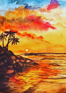 Watercolor Tropical Sunset Seascape Painting