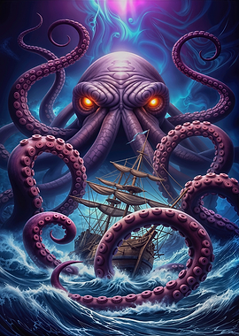 Kraken attacking ship in stormy sea