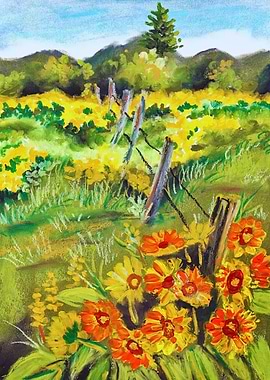 Floral Field with Fence Painting
