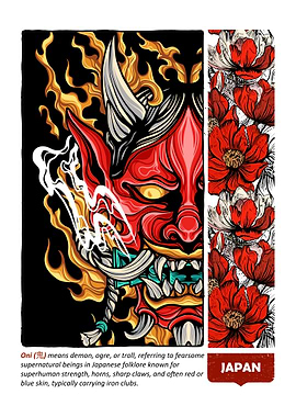 Japanese Oni Mask and Floral Design
